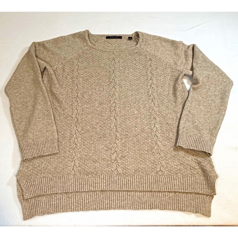 Cyrus Womens Beige Solid Cable-Knit Crew Neck Long Sleeve Pullover Sweater L